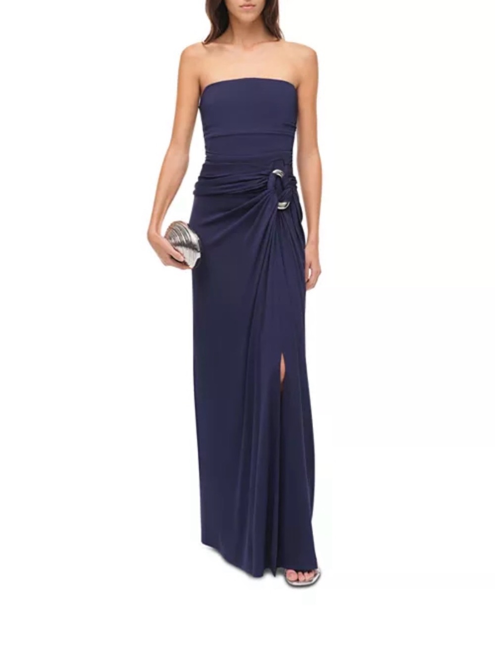 Strapless Navy Evening Gown with Side Knot Detail